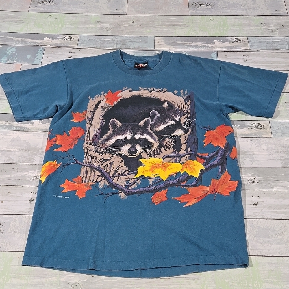 Signal Sport Vintage Single Stitch All Over Racoon Print T-Shirt Sz Medium